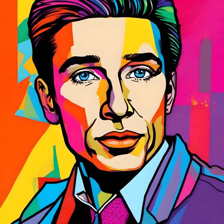 Pop Art,Pop Art, People, man, solo, male focus, 1boy, necktie, blue eyes, portrait, multicolored hair, shirt