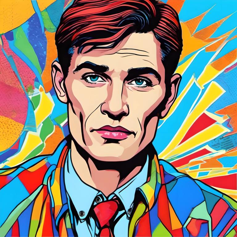 Pop Art,Pop Art, People, man, solo, 1boy, male focus, shirt, necktie, blue eyes, colorful, collared shirt