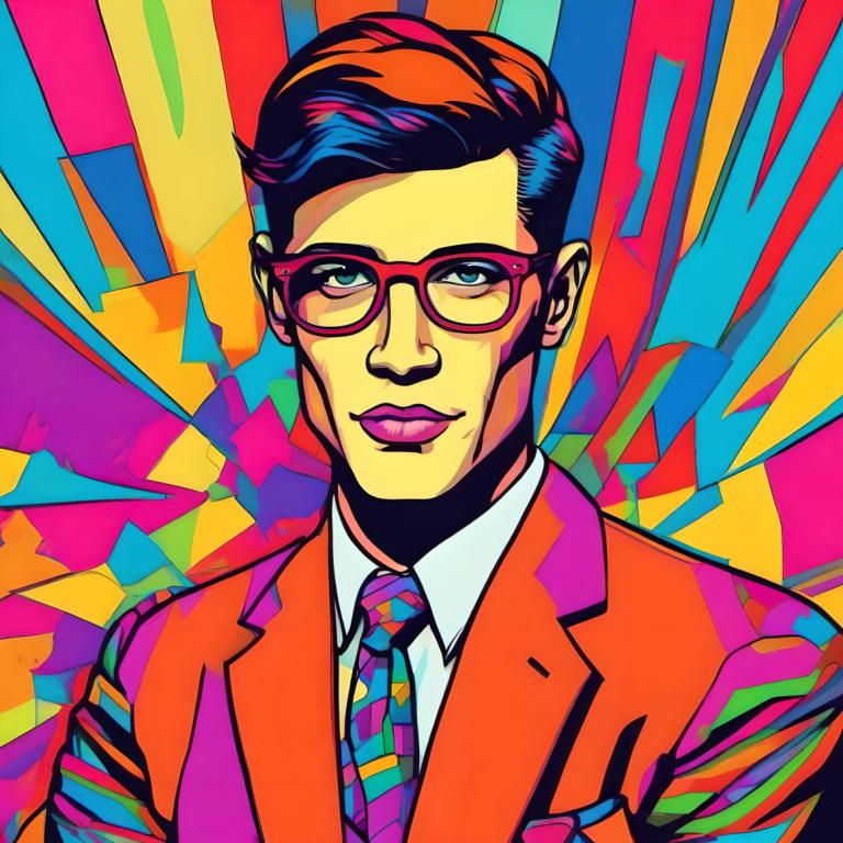 Pop Art,Pop Art, People, man, colorful, male focus, solo, 1boy, necktie, glasses, formal, suit, blue eyes