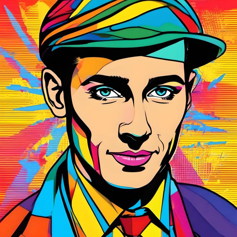 Pop Art,Pop Art, Ljudje, moški, solo, 1 fant, moški fokus, barvita, kravata, majica, klobuk, portret