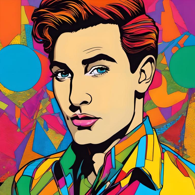 Pop Art,Pop Art, People, man, solo, male focus, 1boy, colorful, blue eyes, shirt, brown hair, portrait