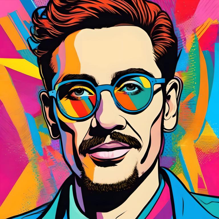 Pop Art,Pop Art, People, man, 1boy, solo, male focus, facial hair, shirt, portrait, glasses, colorful