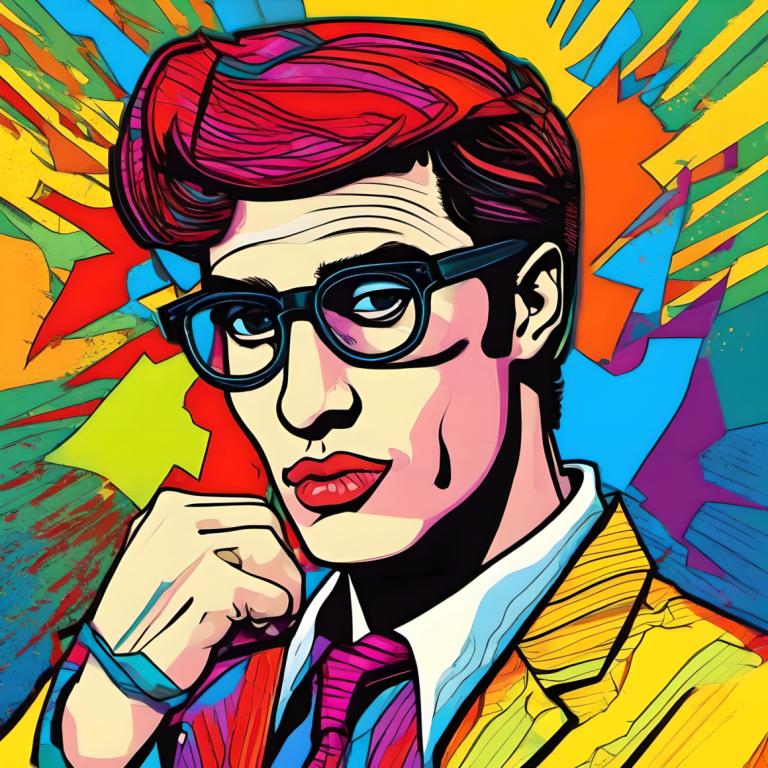 Pop Art,Pop Art, People, man, solo, male focus, 1boy, colorful, necktie, glasses, red hair, shirt, blue eyes