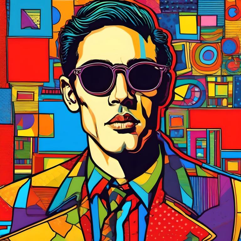 Pop Art,Pop Art, People, man, 1boy, solo, male focus, shirt, colorful, black hair, necktie, sunglasses