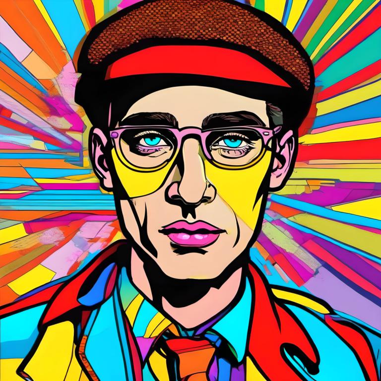 Pop Art,Pop Art, People, man, solo, male focus, 1boy, necktie, colorful, shirt, hat, blue eyes, glasses