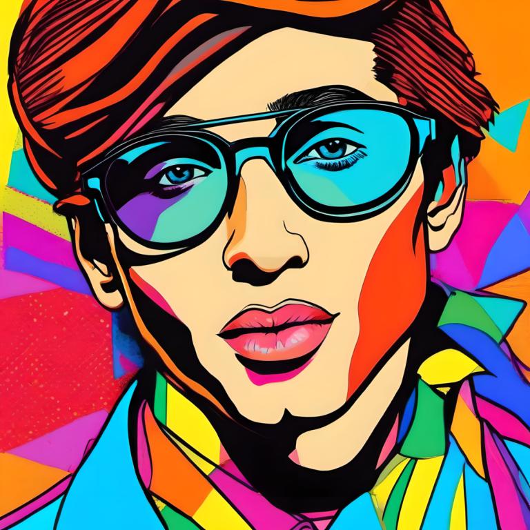 Pop Art,Pop Art, People, man, solo, male focus, 1boy, colorful, shirt, portrait, glasses, looking at viewer