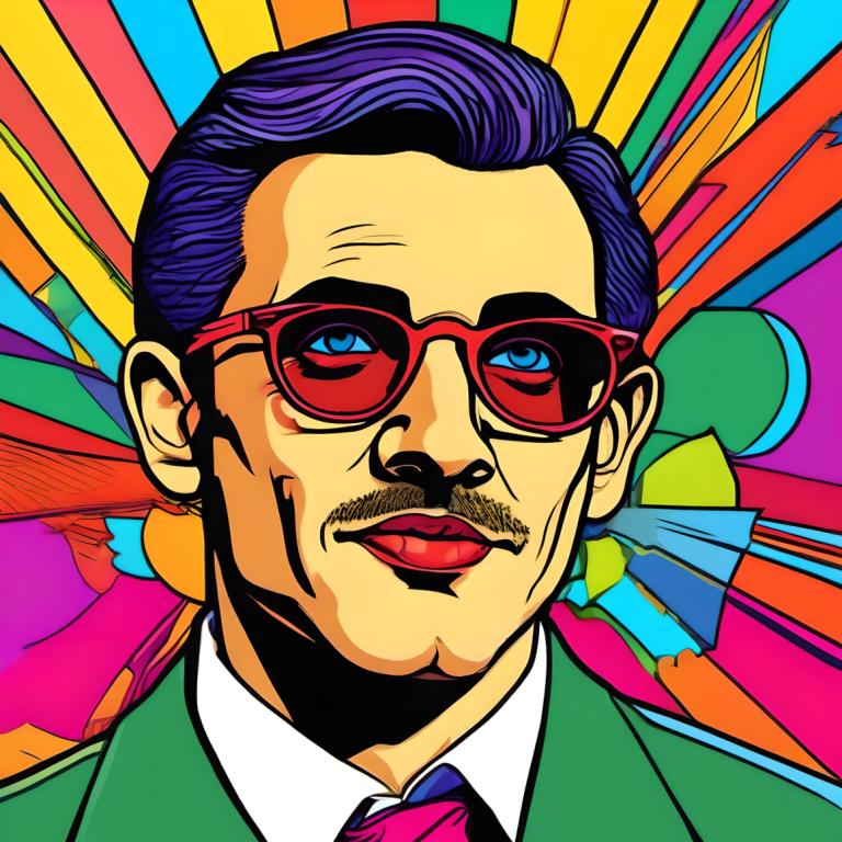 Pop Art,Pop Art, People, man, male focus, 1boy, solo, colorful, blue eyes, necktie, facial hair, glasses