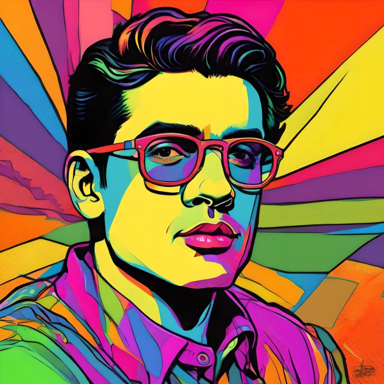 Pop Art,Pop Art, People, man, solo, male focus, 1boy, shirt, black hair, glasses, colorful, collared shirt