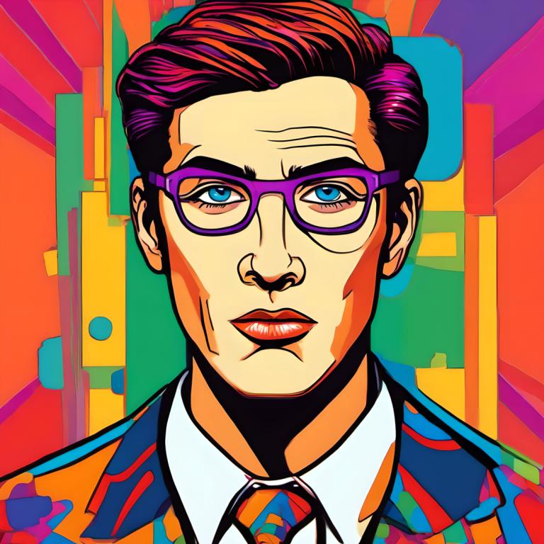 Pop Art,Pop Art, People, man, solo, male focus, 1boy, blue eyes, glasses, necktie, colorful, formal, portrait