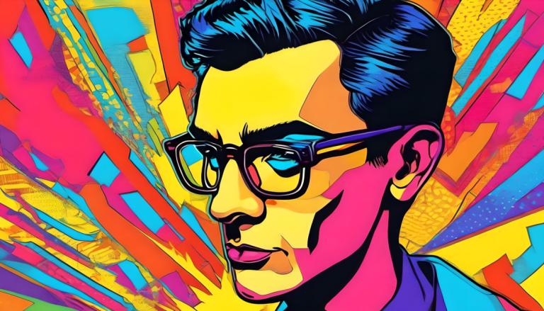 Pop Art,Pop Art, People, man, solo, male focus, 1boy, glasses, colorful, blue eyes, portrait, black hair