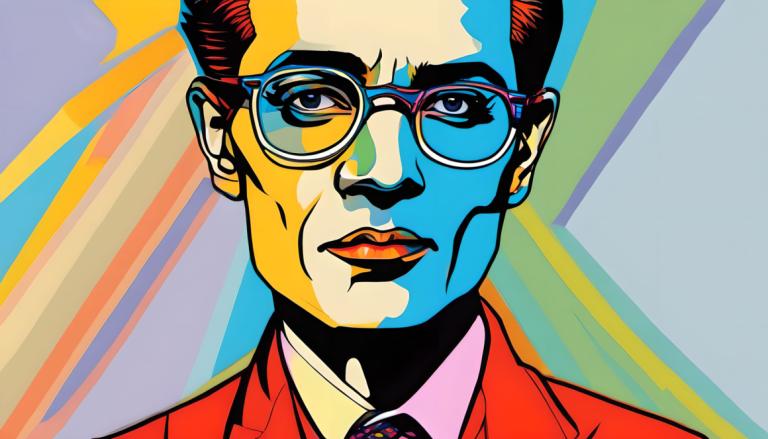 Pop Art,Pop Art, People, man, solo, 1boy, male focus, glasses, colorful, formal, necktie, parody, suit, shirt