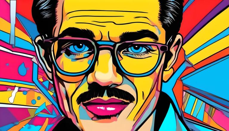 Pop Art,Pop Art, People, man, 1boy, male focus, solo, glasses, facial hair, blue eyes, mustache, colorful