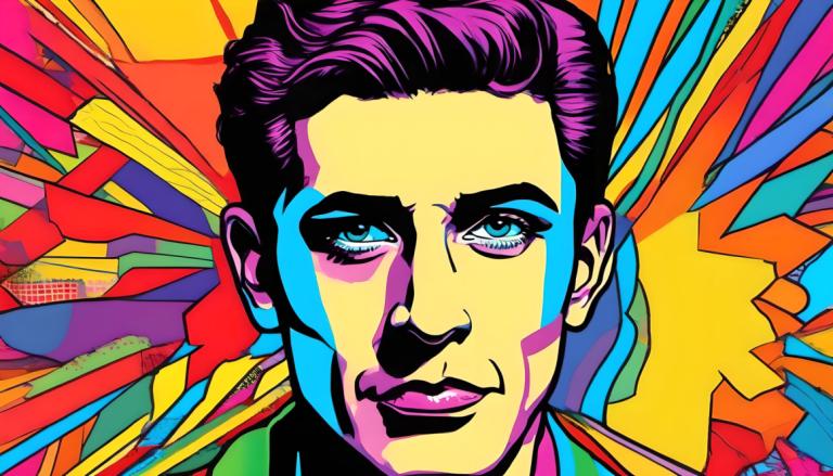 Pop Art,Pop Art, Mennesker, Mann, fargerik, solo, 1 gutt, mannlig fokus, blå øyne, portrett, ser på seeren