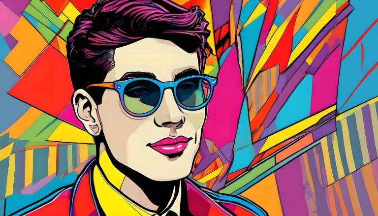 Pop Art,Pop Art, People, man, solo, colorful, male focus, 1boy, sunglasses, shirt, portrait, jacket, makeup