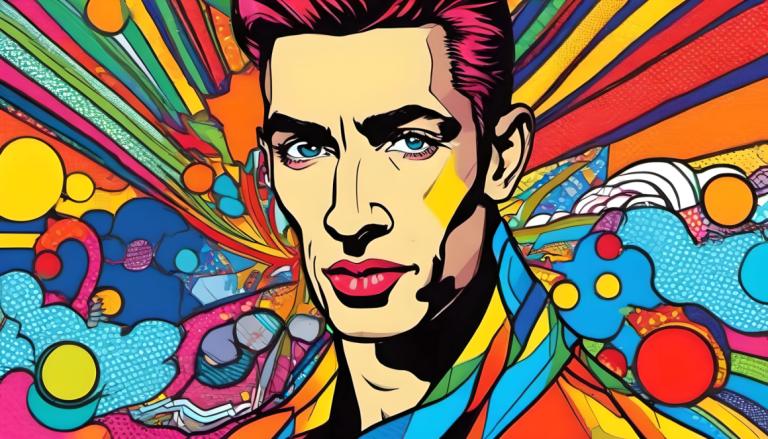 Pop Art,Pop Art, People, man, colorful, solo, 1boy, male focus, blue eyes, makeup, looking at viewer