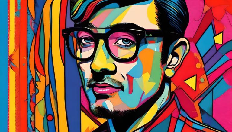 Pop Art,Pop Art, People, man, 1boy, male focus, solo, facial hair, colorful, earrings, jewelry, glasses