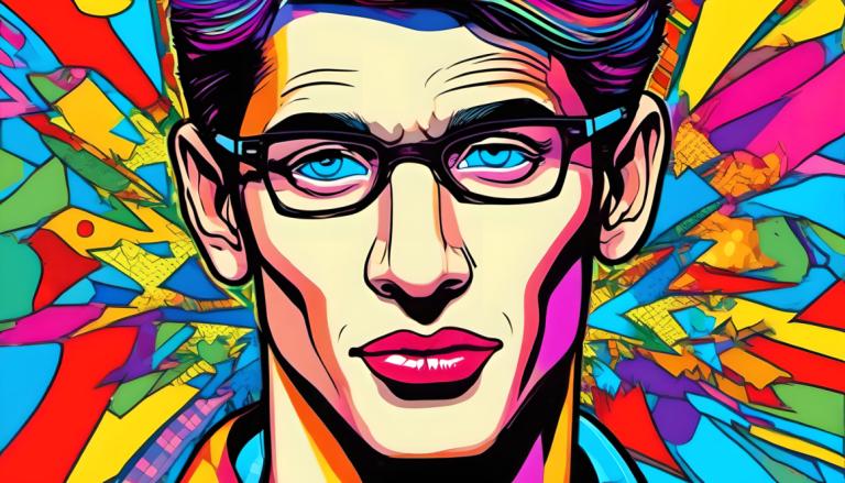 Pop Art,Pop Art, People, man, solo, male focus, glasses, colorful, 1boy, blue eyes, portrait, makeup