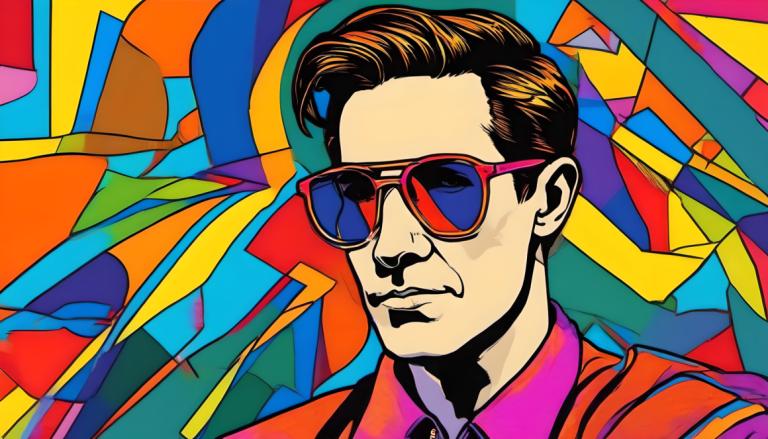 Pop Art,Pop Art, People, man, 1boy, male focus, shirt, solo, sunglasses, red shirt, colorful, collared shirt