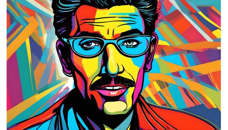 Pop Art,Pop Art, People, man, 1boy, solo, male focus, black hair, glasses, colorful, portrait, facial hair