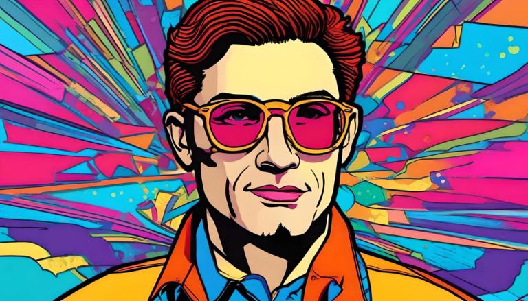 Pop Art,Pop Art, People, man, solo, male focus, 1boy, facial hair, brown hair, shirt, sunglasses, colorful