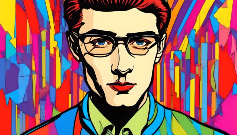 Pop Art,Pop Art, People, man, male focus, solo, 1boy, glasses, blue eyes, colorful, shirt, brown hair