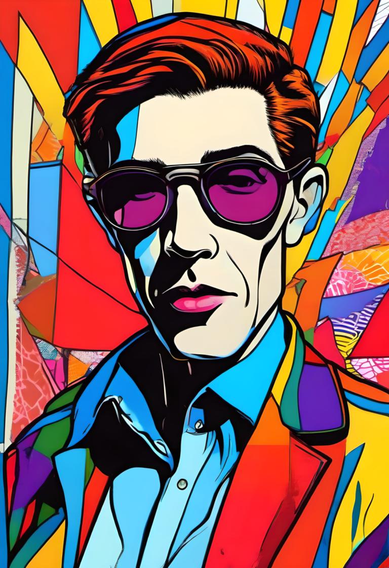 Pop Art,Pop Art, People, man, male focus, solo, 1boy, shirt, colorful, collared shirt, sunglasses, jacket