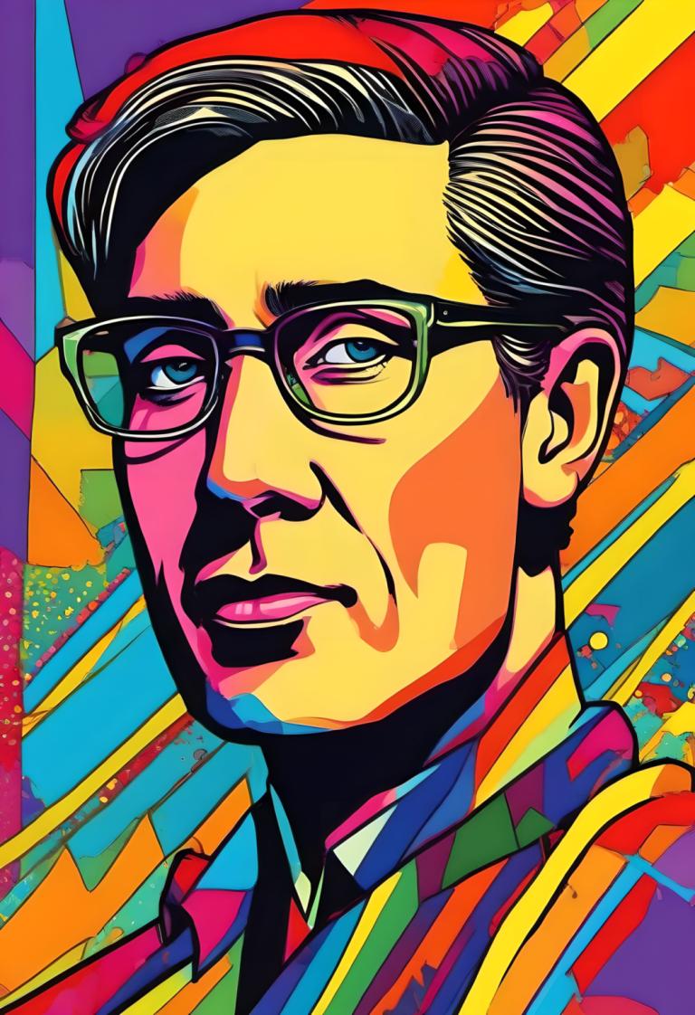 Pop Art,Pop Art, People, man, male focus, 1boy, solo, glasses, colorful, black hair, blue eyes, shirt