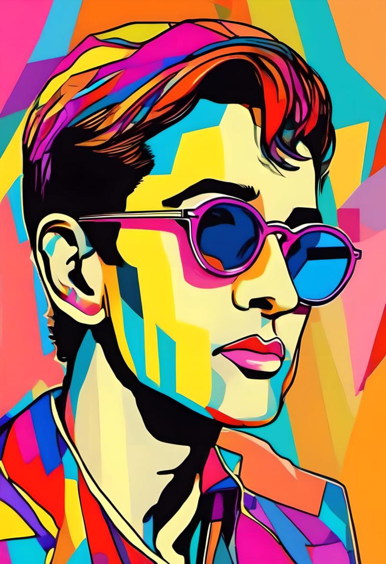 Pop Art,Pop Art, People, man, solo, male focus, 1boy, colorful, sunglasses, shirt, collared shirt, brown hair