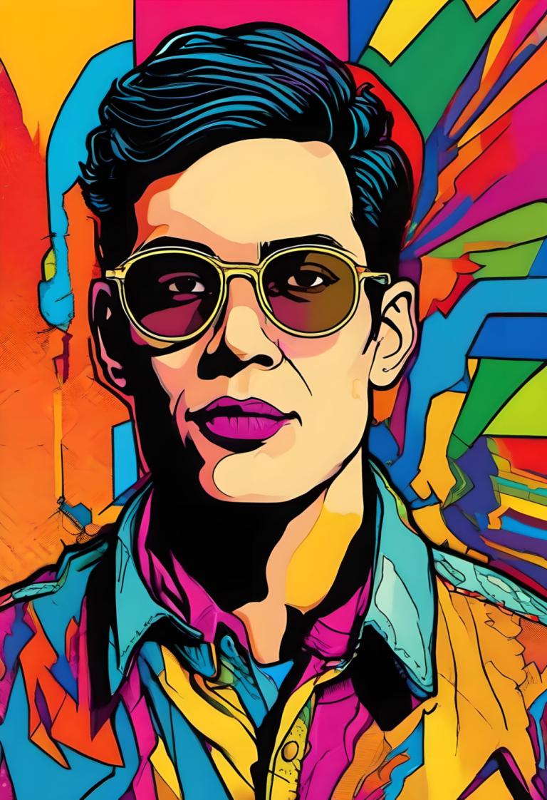 Pop-art,Pop-art, Mensen, man, mannelijke focus, solo, 1 jongen, shirt, zwart haar, zonnebril, kleurrijk