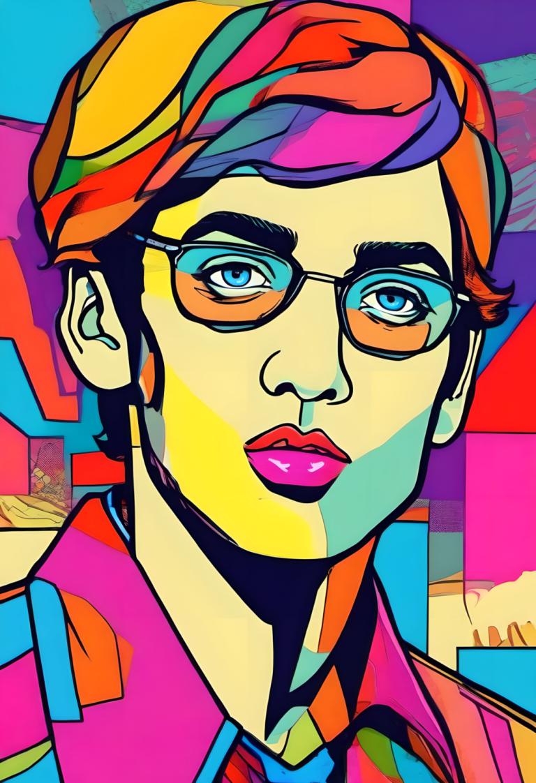 Pop Art,Pop Art, People, man, solo, colorful, 1boy, male focus, necktie, glasses, blue eyes, shirt, portrait