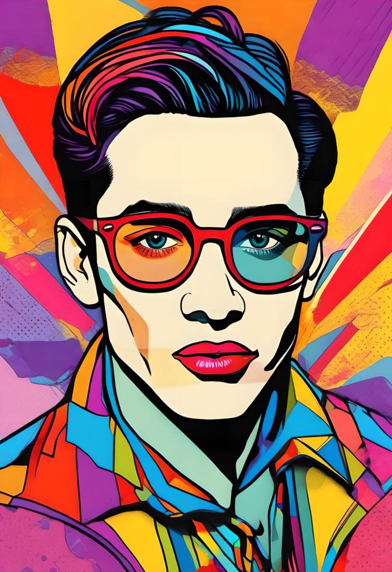 Pop Art,Pop Art, People, man, solo, male focus, colorful, 1boy, shirt, black hair, makeup, red lips, glasses