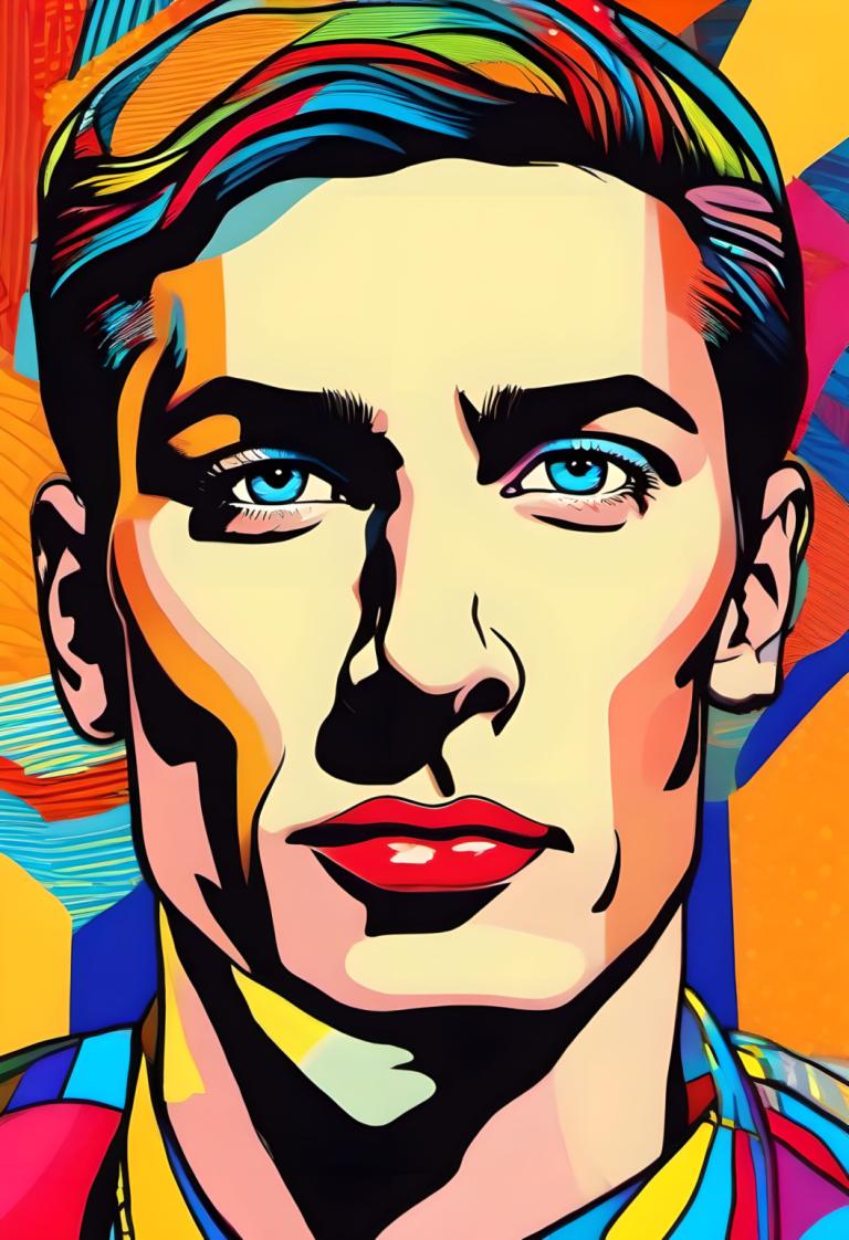 Pop Art,Pop Art, People, man, solo, blue eyes, portrait, male focus, 1boy, red lips, makeup, lipstick