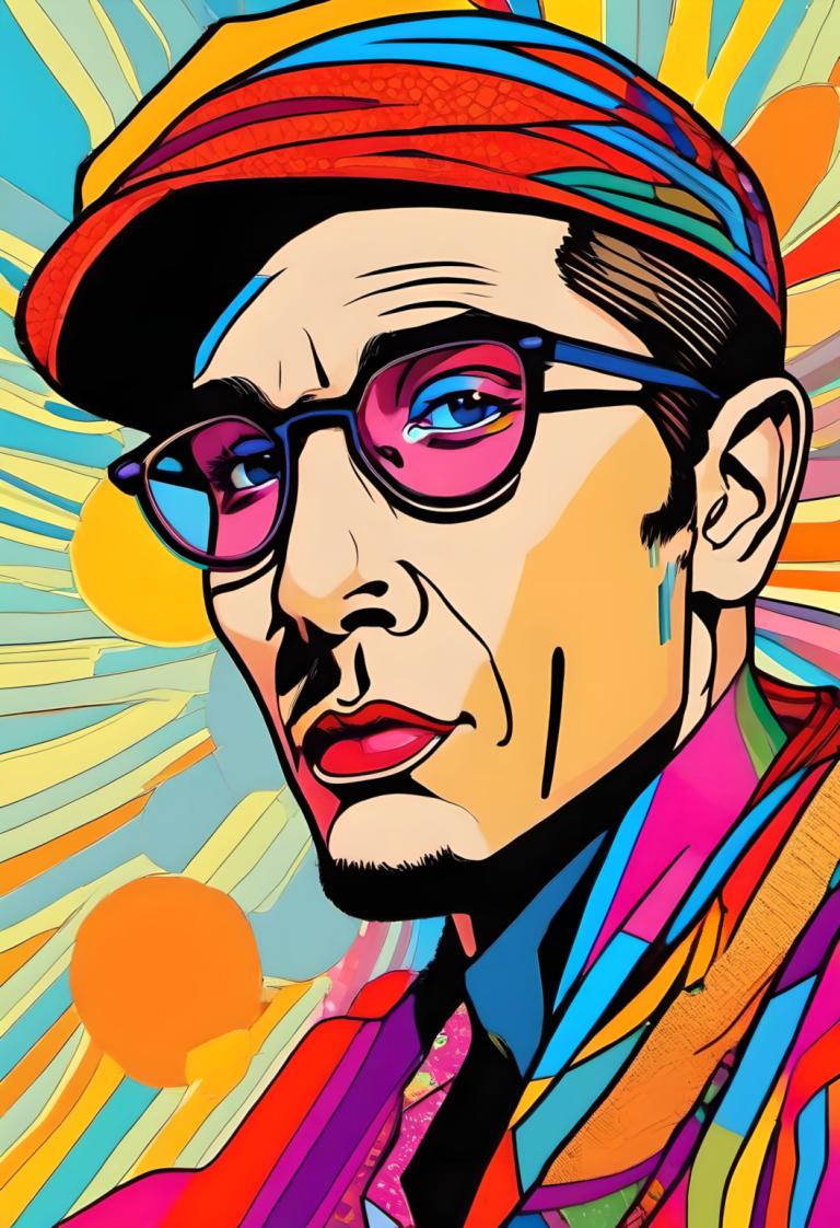 Pop Art,Pop Art, People, man, male focus, 1boy, solo, colorful, facial hair, hat, sunglasses, open mouth