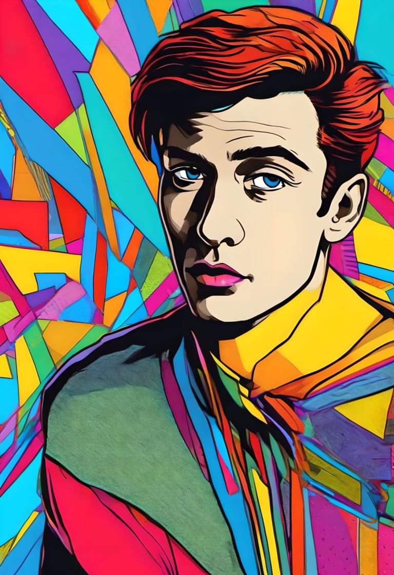 Pop Art,Pop Art, People, man, solo, male focus, 1boy, blue eyes, colorful, brown hair, upper body, red hair