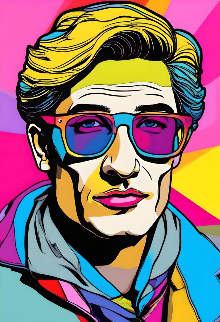 Pop Art,Pop Art, People, man, solo, male focus, 1boy, blonde hair, colorful, sunglasses, portrait, necktie