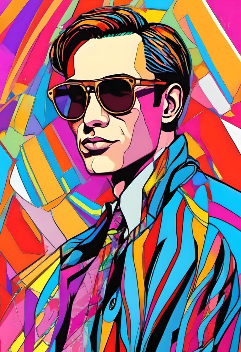 Pop Art,Pop Art, People, man, 1boy, male focus, solo, shirt, colorful, sunglasses, black hair, necktie