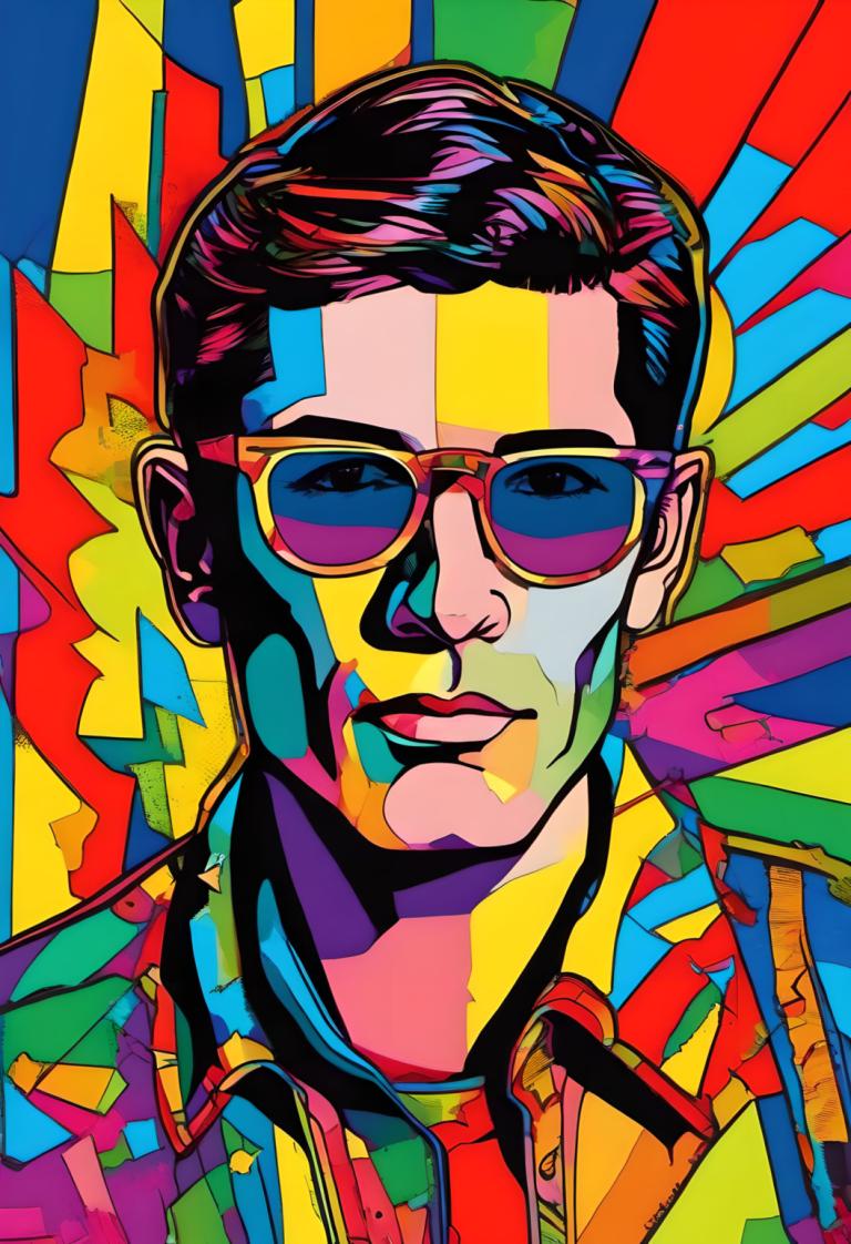 Pop Art,Pop Art, Oameni, om, colorat, solo, 1 băiat, focalizare masculină, ochelari de soare, sacou, brunet