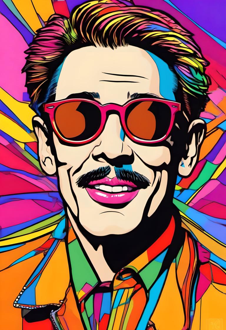 Pop Art,Pop Art, People, man, solo, facial hair, male focus, 1boy, colorful, shirt, mustache, collared shirt