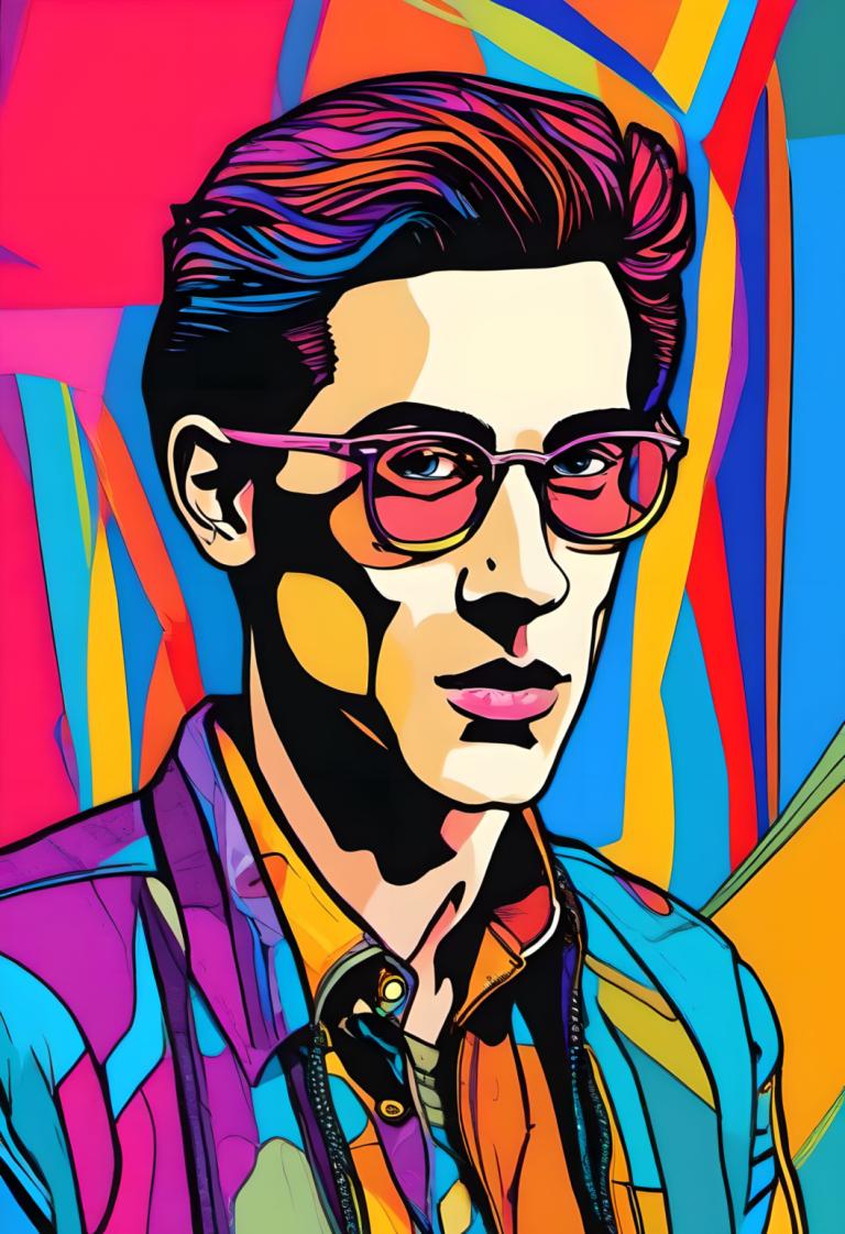 Pop Art,Pop Art, People, man, solo, male focus, 1boy, colorful, shirt, multicolored hair, sunglasses, jacket