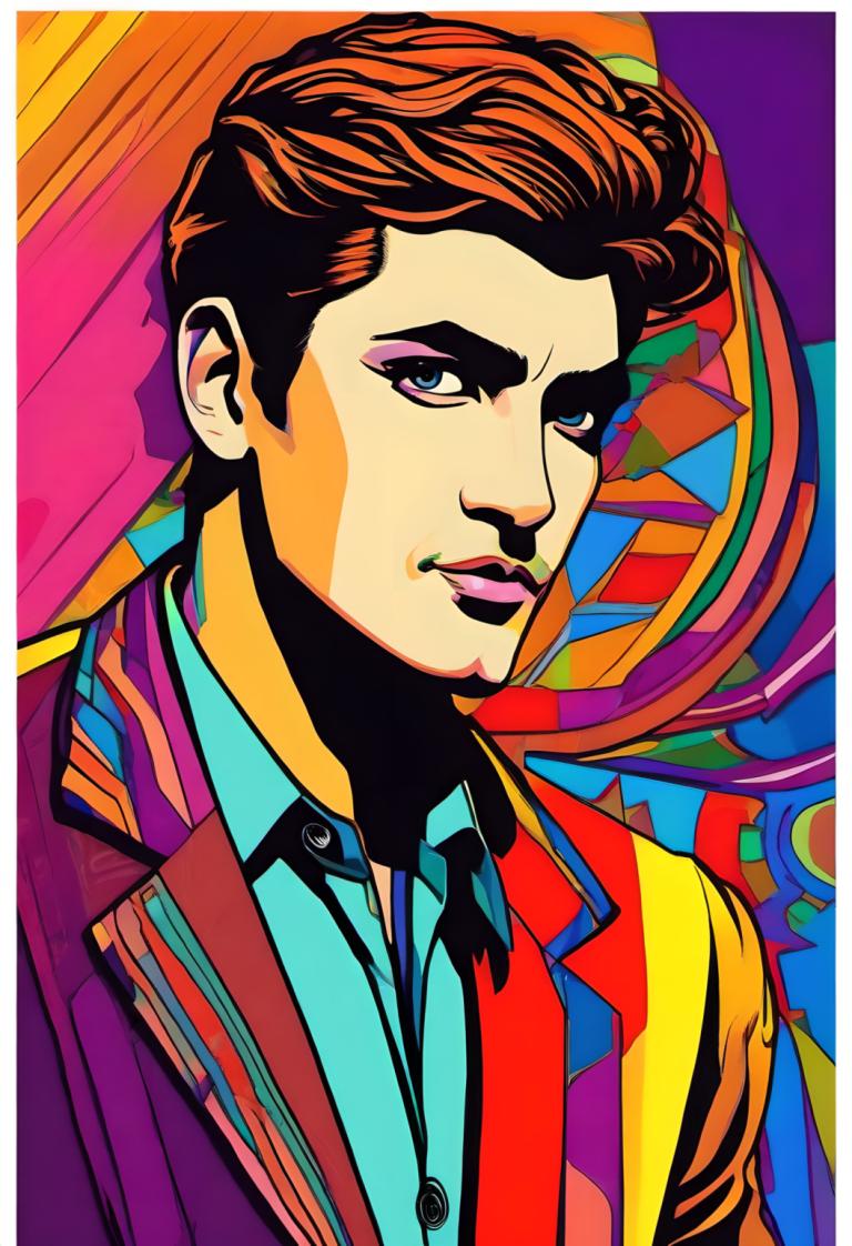 Pop Art,Pop Art, People, man, 1boy, male focus, solo, formal, suit, brown hair, colorful, shirt, upper body