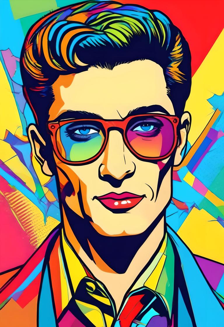 Pop-Art,Pop-Art, Menschen, Mann, männlicher Fokus, 1Junge, Solo, bunt, blaue Augen, Sonnenbrille