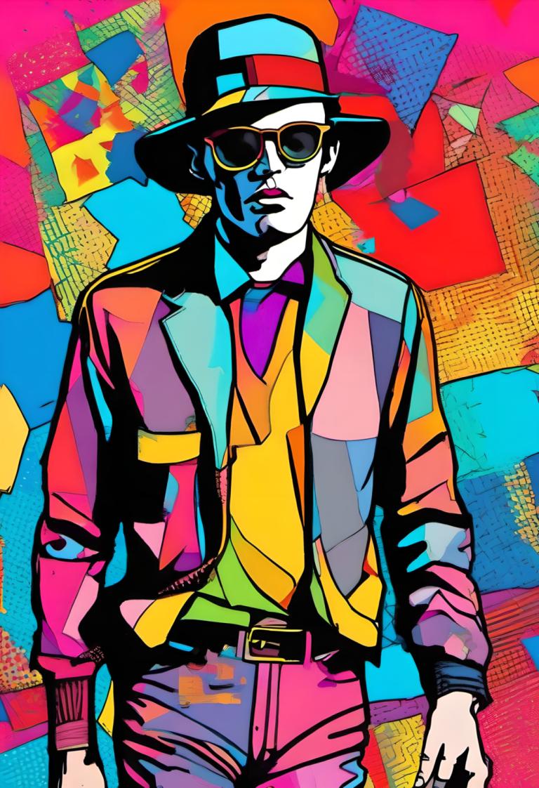 Pop Art,Pop Art, People, man, 1boy, solo, male focus, hat, necktie, jacket, colorful, shirt, belt, sunglasses