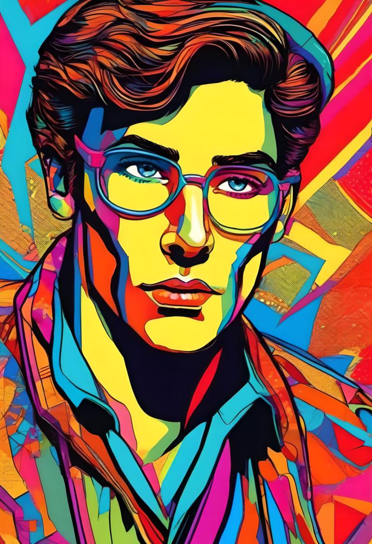 Pop Art,Pop Art, People, man, solo, 1boy, male focus, brown hair, shirt, glasses, blue eyes, collared shirt