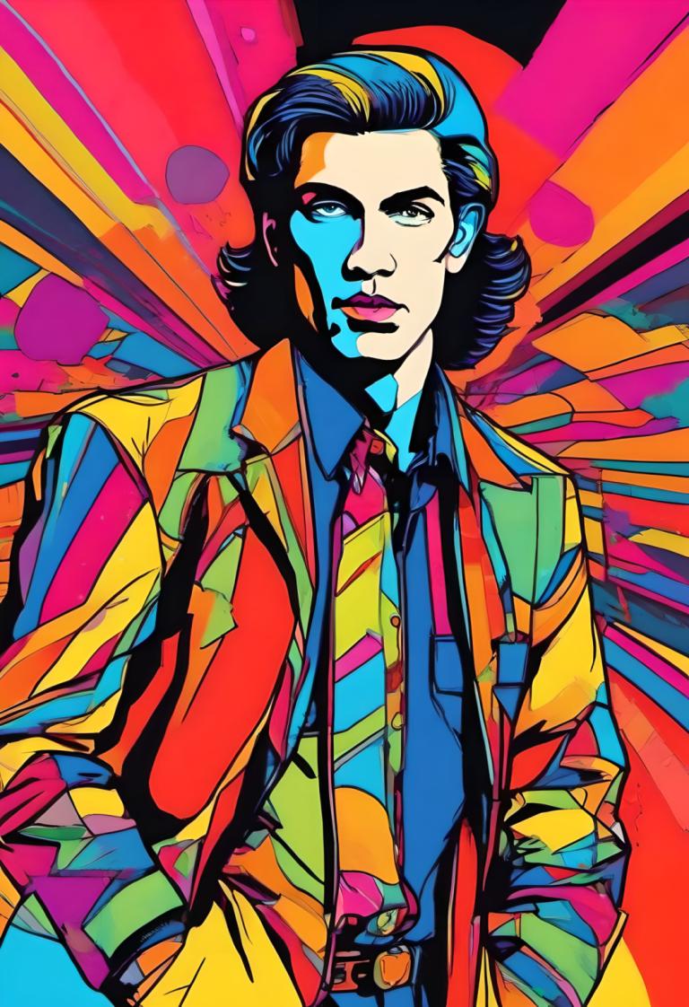 Pop Art,Pop Art, People, man, solo, 1boy, colorful, necktie, shirt, male focus, jacket, collared shirt, belt