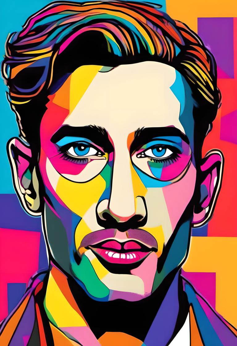 Pop Art,Pop Art, People, man, solo, 1boy, male focus, blue eyes, portrait, colorful, looking at viewer