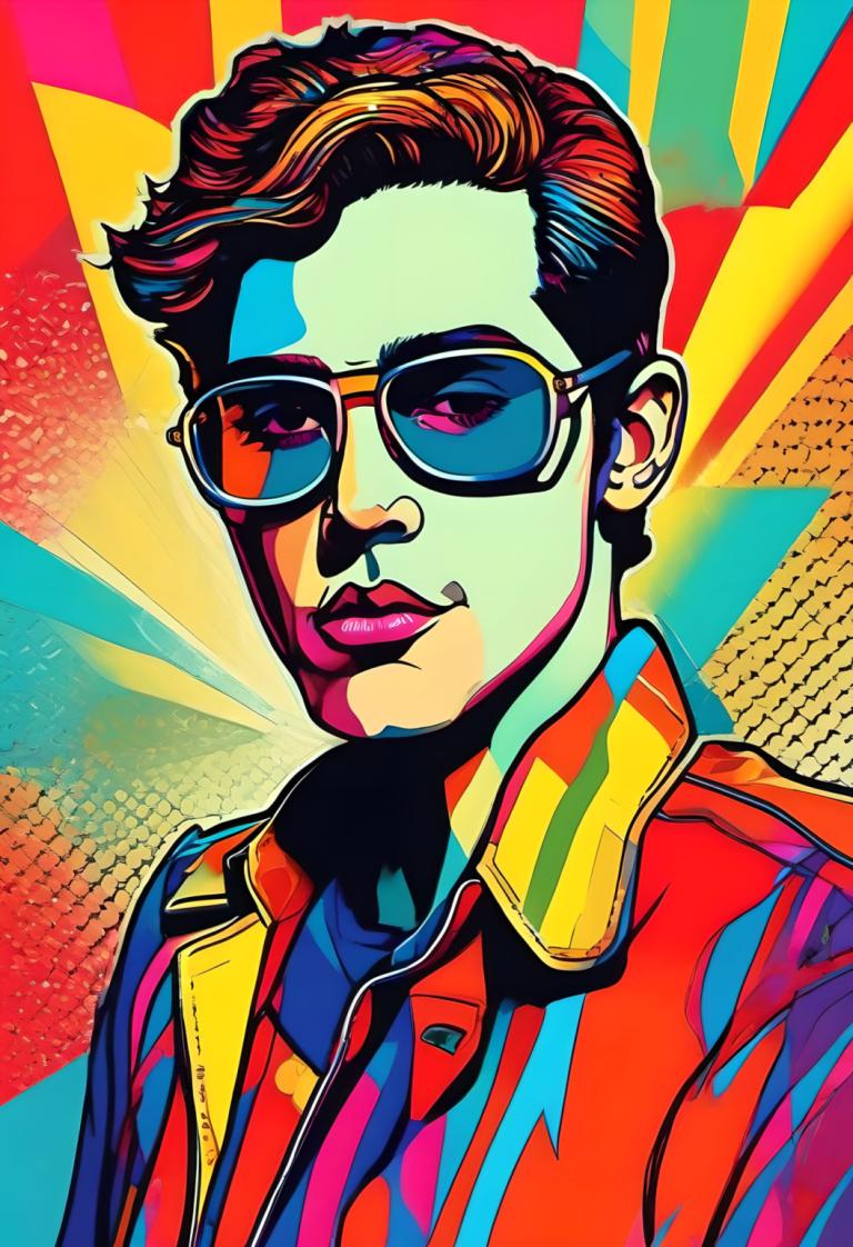 Pop Art,Pop Art, People, man, solo, 1boy, male focus, brown hair, colorful, shirt, sunglasses, upper body