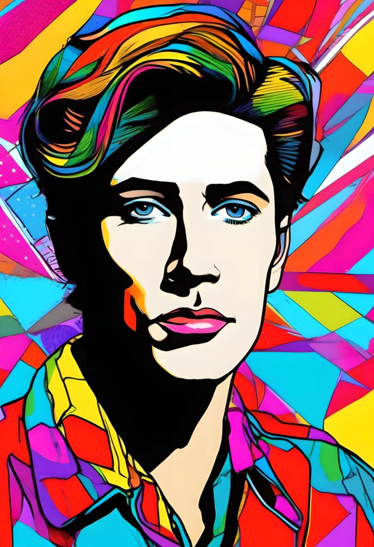 Pop Art,Pop Art, People, man, colorful, solo, male focus, 1boy, blue eyes, shirt, multicolored hair