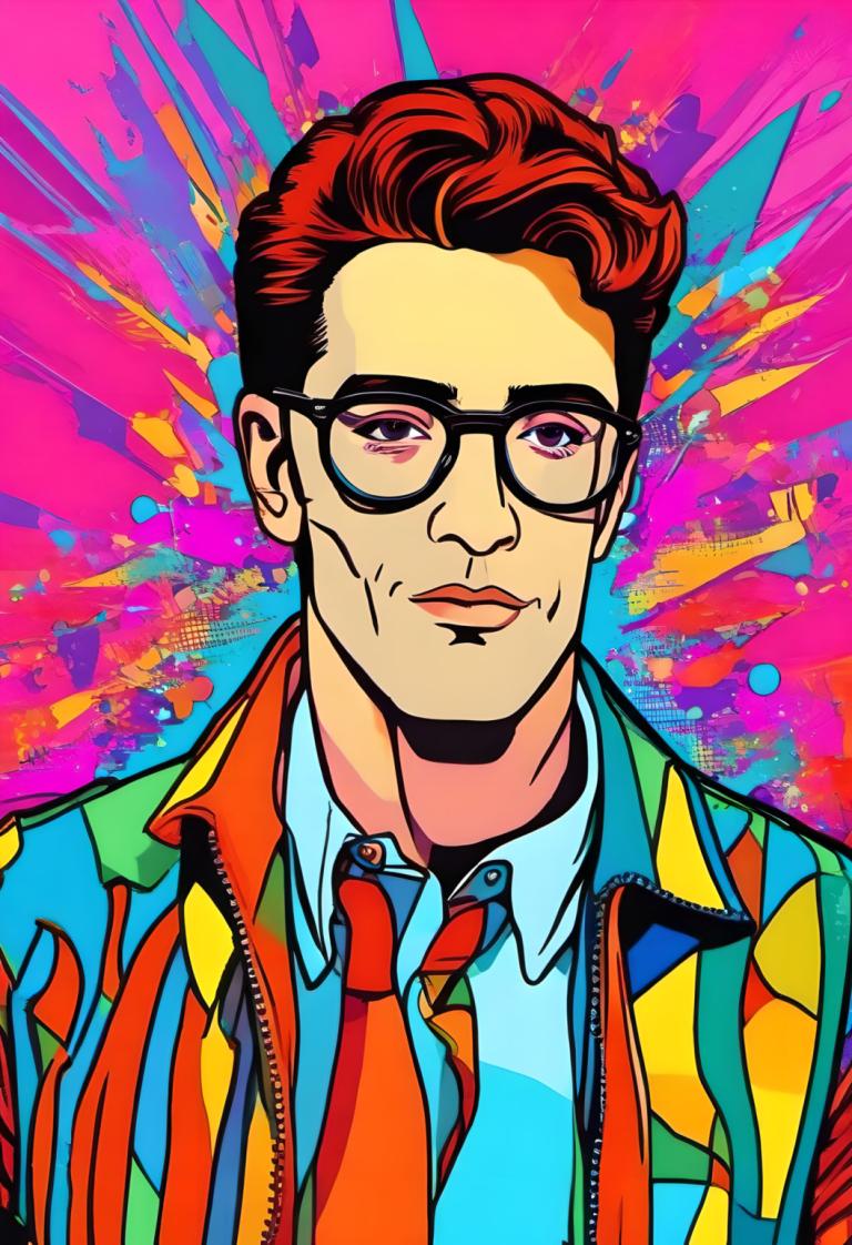 Pop Art,Pop Art, People, man, 1boy, solo, male focus, necktie, shirt, glasses, upper body, jacket