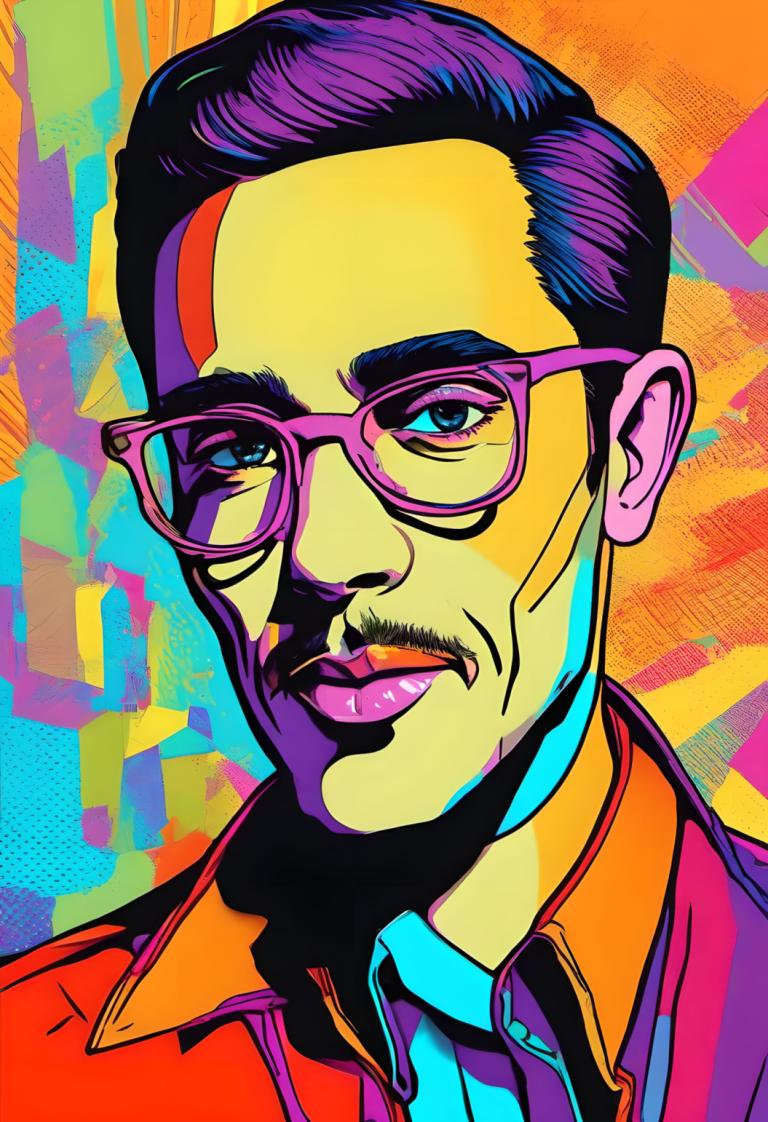 Pop Art,Pop Art, People, man, 1boy, male focus, solo, glasses, facial hair, colorful, necktie, shirt