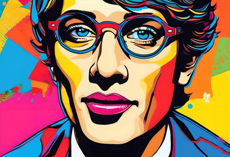 Pop Art,Pop Art, People, man, solo, male focus, 1boy, glasses, blue eyes, colorful, portrait, makeup, parody